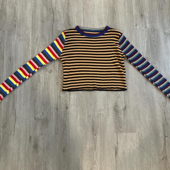 Rainbow colorful long sleeve striped crop top - Picture 2 of 6